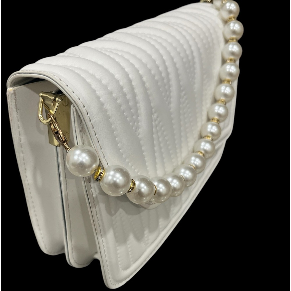 Elegant White Pearl Accent Bag – Stylish PU Leather Shoulder Purse for Women